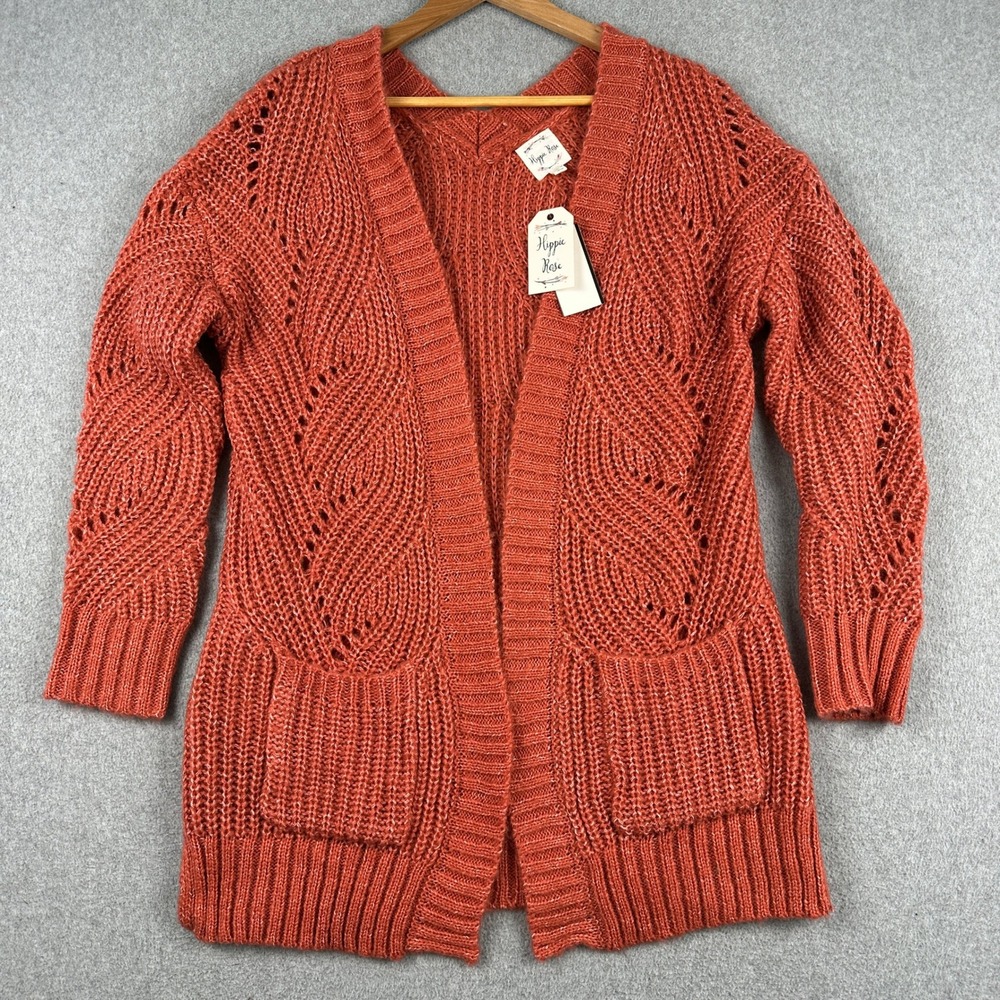Hippie Rose Cardigan Womens Medium Coral Blush Open Front Pointelle Knit